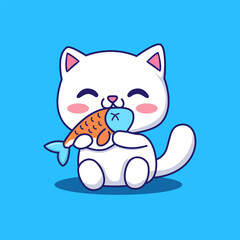 Cute cat bite fish cartoon vector illustration