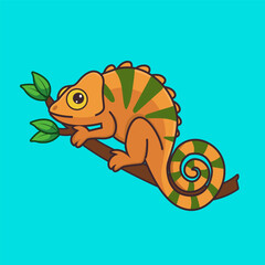 Cute chameleon hanging on tree cartoon vector illustration
