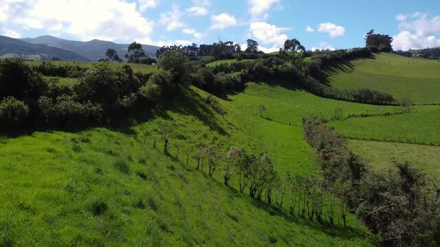 Green and sunny hillside at the foothills of the Pasochoa volcano in the province of Pichincha, Ecuador, dolly aerial drone flight