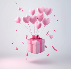 Charming gift box with heart balloons ascending, a pastel-colored vector illustration for sweet celebrations.