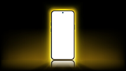 Futuristic Neon Yellow and Golden Light Smartphone Mockup Vector Illustration. Glowing Mobile Screen with Shadow.