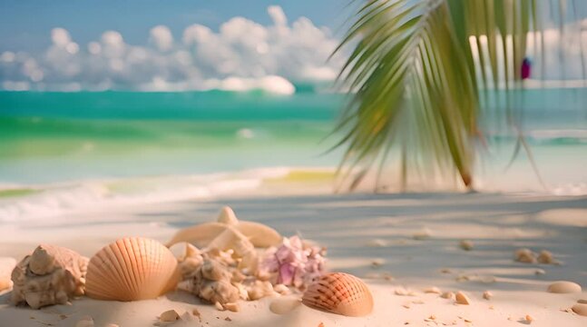 seashells on seashore in tropical beach - summer holiday background