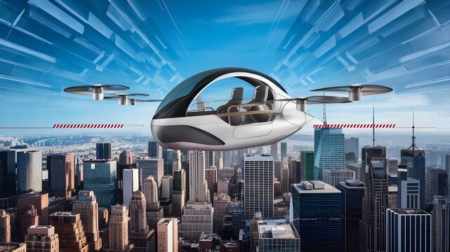 Airplane flying over city