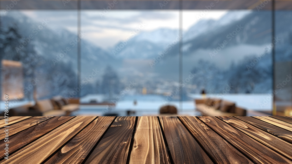 Poster empty wood table top with blur background of winter mountain view on window. the table giving copy s