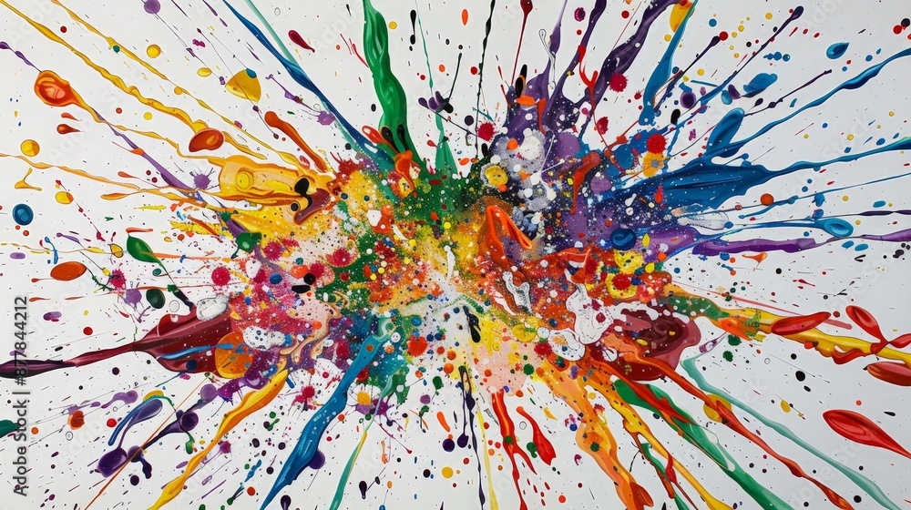 Poster a burst of colorful splashes and drips, creating a chaotic yet harmonious explosion of energy on the