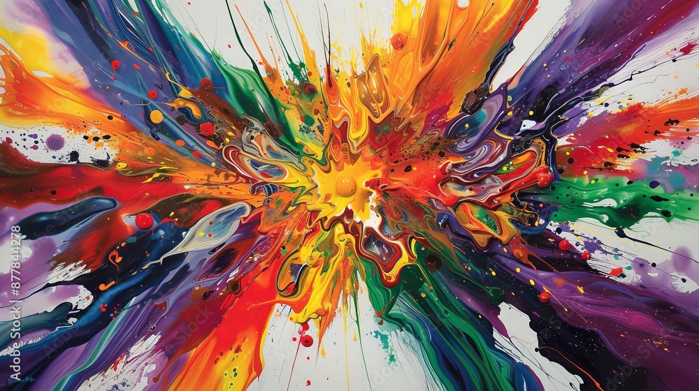 Poster a burst of colorful splashes and drips, creating a chaotic yet harmonious explosion of energy on the
