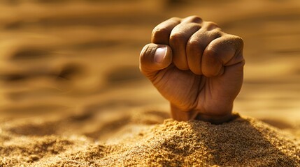 A strong fist emerges from the sand, symbolizing resilience, determination, and the will to overcome challenges, set against a warm and sandy background.