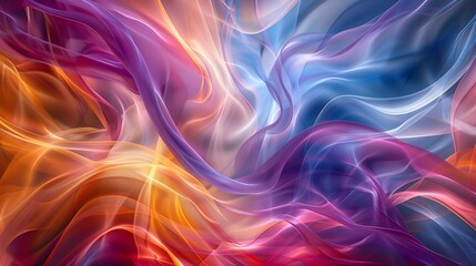 Naklejka premium A mesmerizing abstract composition of flowing, colorful waves and ribbons of light, blending shades of blue, purple, orange, and pink, creating a sense of movement and fluidity.