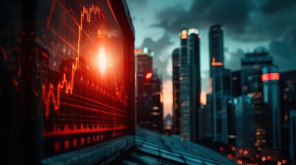 Fototapeta premium Futuristic Cityscape with Digital Stock Market Graphs at Sunset, Modern Financial District Skyline