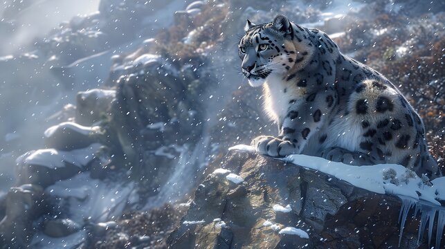 snow leopard perched on a snowy cliff, its eyes scanning the landscape below. The scene should convey a sense of majesty and solitude - Powered by Adobe