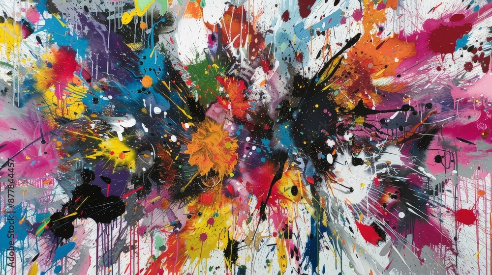 Poster a burst of colorful splashes and drips, creating a chaotic yet harmonious explosion of energy on the