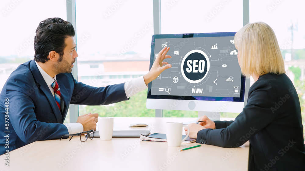 Poster seo search engine optimization for modish e-commerce and online retail business showing on computer 