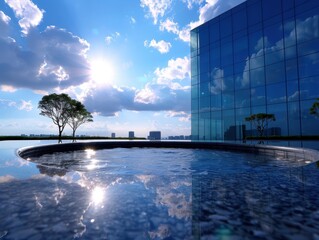 Naklejka premium Modern Glass Building with Reflective Pool and Blue Sky on a Sunny Day