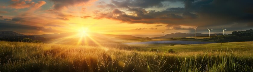 Obraz premium Stunning Sunset Over Rolling Hills with Wind Turbines and Solar Panels in the Countryside
