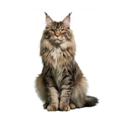 Maine coon cat with long fur sitting and looking forward. Studio pet portrait isolated on transparent background. Feline and animal concept for design and print.