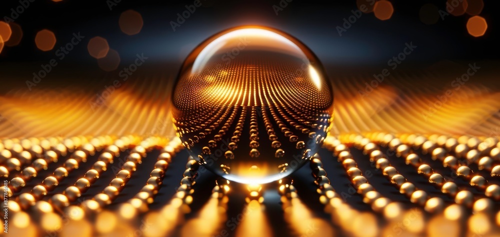 Poster a close-up image of a transparent sphere resting on a surface adorned with golden beads, set against