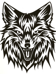 Fototapeta premium A black and white drawing of a wolf with its mouth open and teeth bared