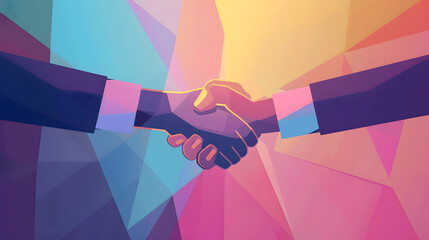 Abstract handshake with colorful geometric background