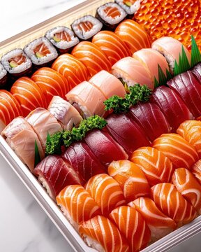 A beautifully arranged tray of assorted sushi featuring various types of fish and seafood on a wooden platter.