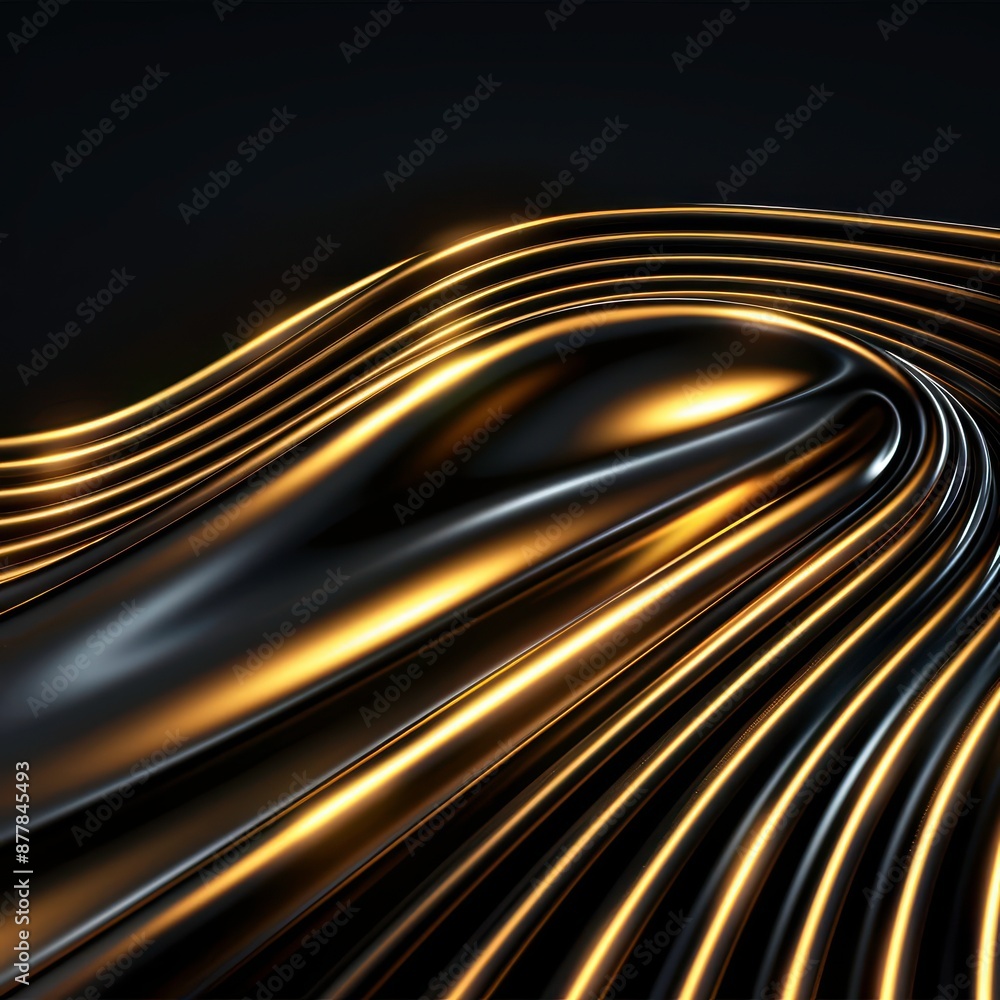 Poster abstract background with flowing golden lines creating a futuristic, metallic texture on a dark surf