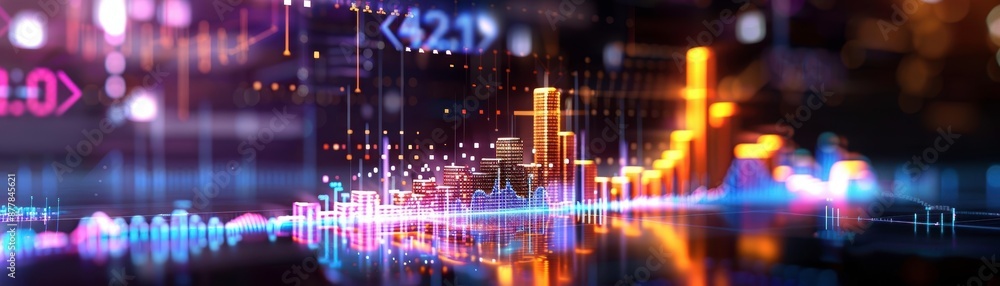 Poster Abstract digital graph with neon lights showcasing data analysis and financial growth trends in a futuristic setting.
