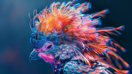 Fototapeta premium Vibrant, colorful bird portrait with luminous feathers showcasing an array of bright, eye-catching colors against a soft, blurred background.