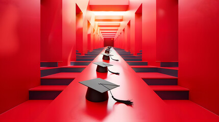 Graduation caps on red stairs in a modern, abstract hallway