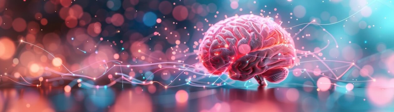Abstract digital illustration of human brain connected with neural network, showcasing artificial intelligence and futuristic technology.