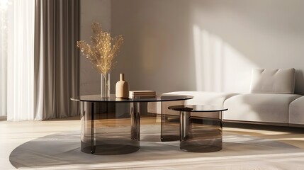 Minimalist Glass Nesting Tables in a Modern Living Space Mockup 3D Render