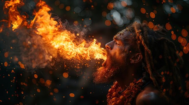 A male fire performer skillfully breathes a large fireball, creating a spectacular display of flames and sparks against a dark background.