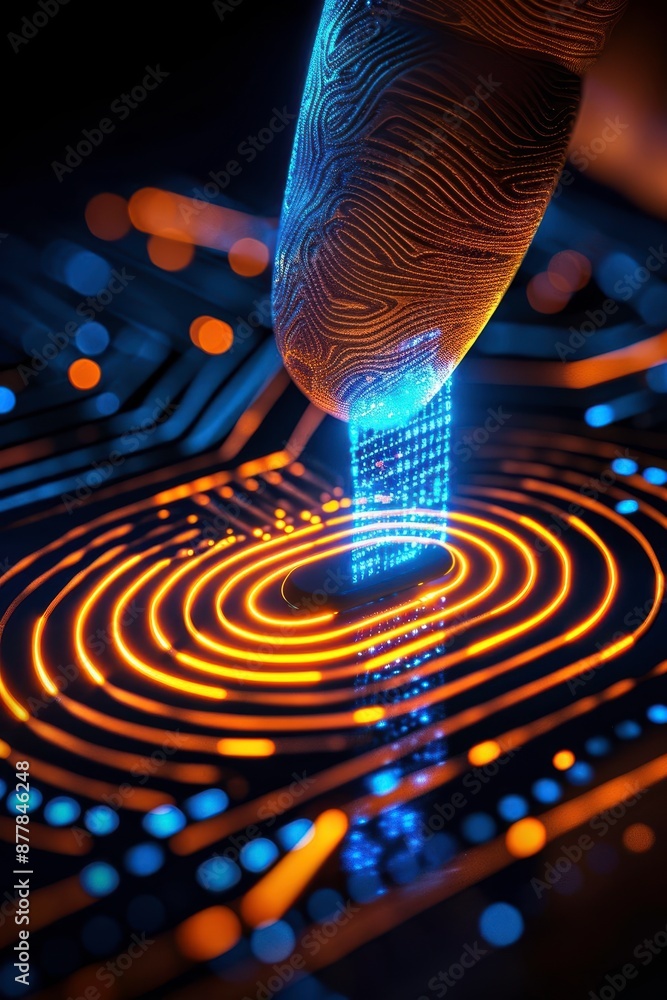 Poster close-up of a fingertip interacting with a futuristic digital interface, highlighting biometric tech
