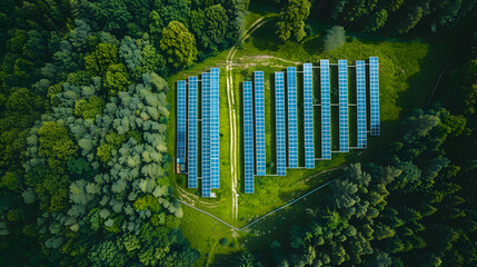 Obraz premium Aerial view of a solar farm surrounded by lush green forest