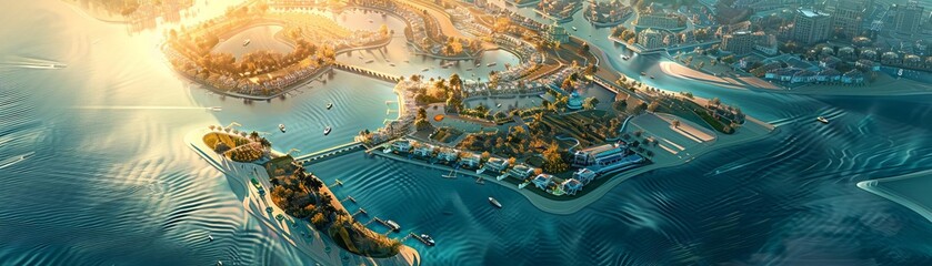 Aerial view of a luxurious tropical resort on an island, surrounded by clear blue waters and connected by scenic bridges and lush greenery.