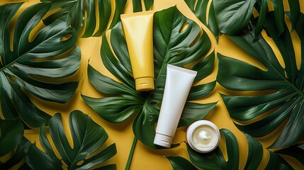 Sunscreen and cosmetic products, sunscreen advertisements, cosmetic tubes and creams with tropical leaves and monstera leaves as elements.