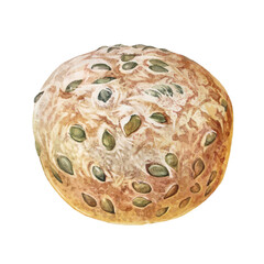 Watercolor loaf of fresh crispy homemade pumpkin bread with seeds isolated on white background. Whole grain bun for healthy breakfast. Hand-drawn food for cookbook. Clipart for wallpaper wrapping