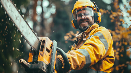 Smiling lumberjack in protective gear with chainsaw