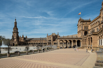 Obraz premium Detail of the Plaza de España, an architectural ensemble located in María Luisa Park in the city of Seville (Andalusia, Spain). It was declared a cultural heritage site in July 2023.