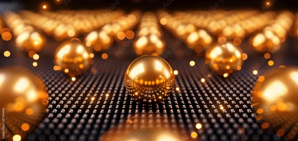 Poster close-up of shiny golden spheres arranged in rows on a black perforated surface, with a soft focus b