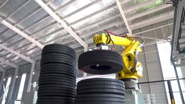 Automated science mechanical car tire tyre manufacture automat working process in modern technological workshop