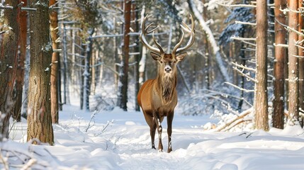 Fototapeta premium Majestic Male Deer in Snowy Forest