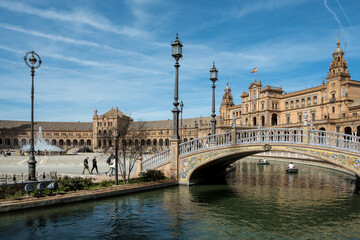 Fototapeta premium Detail of the Plaza de España, an architectural ensemble located in María Luisa Park in the city of Seville (Andalusia, Spain). It was declared a cultural heritage site in July 2023.