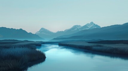 Serene Mountain River at Dawn with Snow-Capped Peaks in the Distance