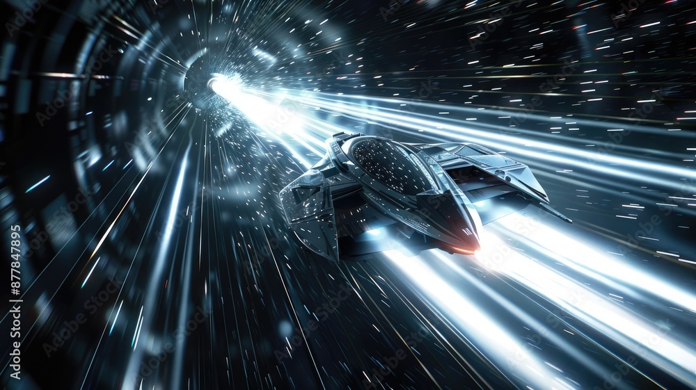 Poster spaceship flying through space with stars and galaxies in the background. concept of space explorati