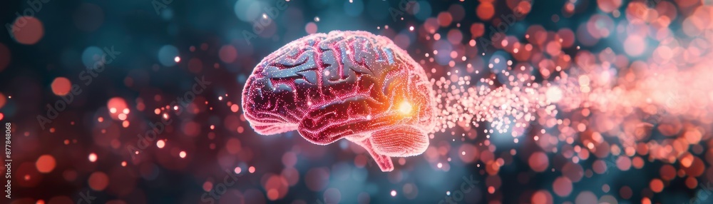 Poster high-resolution image showing a digital representation of the human brain with vibrant neural connec