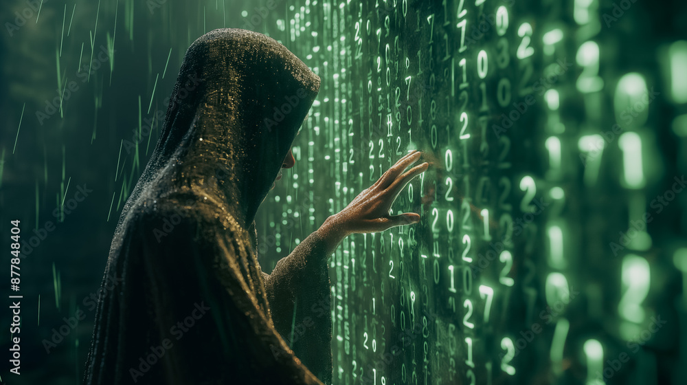 Poster a man in a hoodie is touching a green screen with numbers on it. concept of mystery and intrigue, as