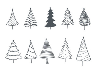 Obraz premium Abstract hand drawn set of Christmas trees. New year holidays background