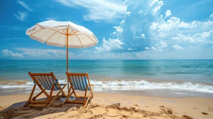 Fototapeta premium Two Beach Chairs Under a White Umbrella