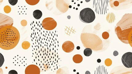 Abstract watercolor pattern with orange, black, and beige circles and dots on a white background. Modern minimalist design.