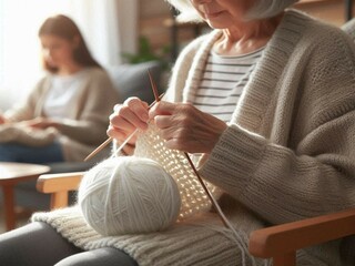 Fototapeta premium national senior citizen day, grandmother and child knitting together at home