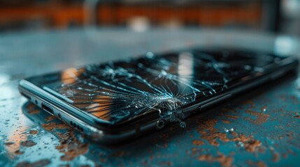 A close-up of a smartphone with a cracked screen, showing the fragility and wear of everyday use